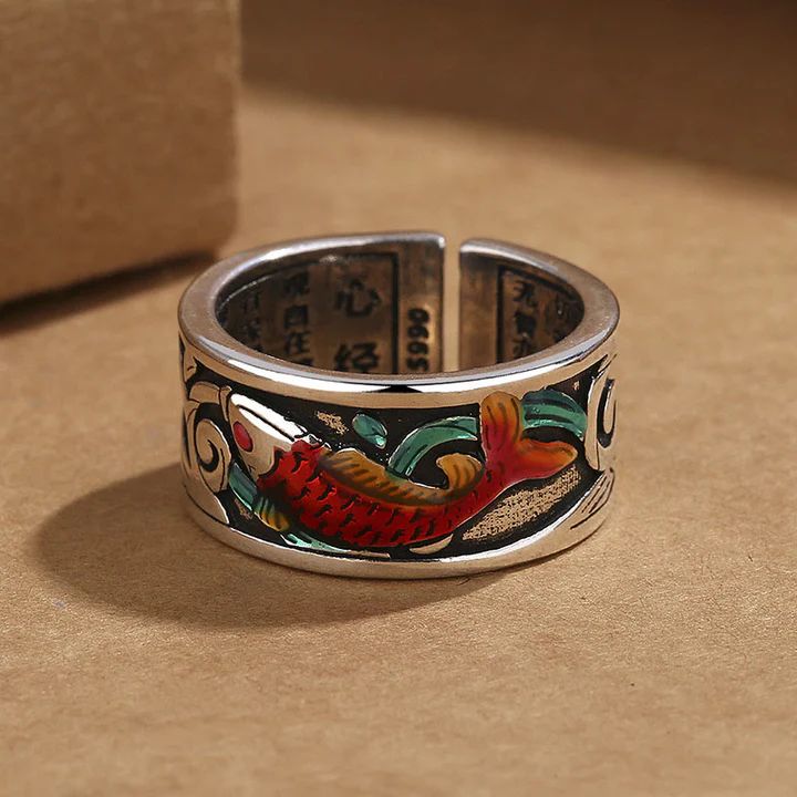 Blue Enamel Koi Fish Heart Sutra Success Ring