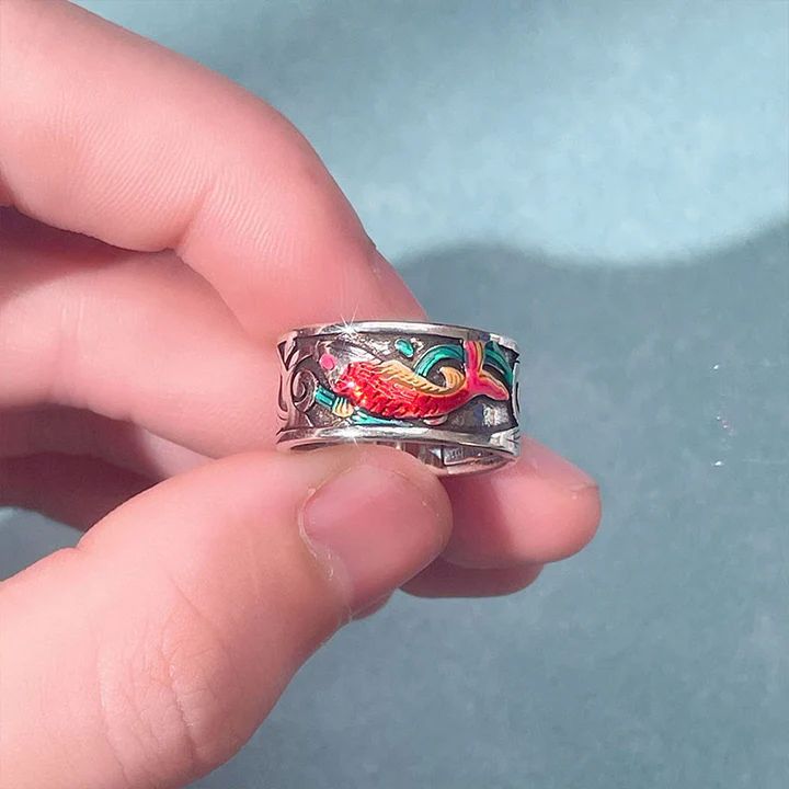 Blue Enamel Koi Fish Heart Sutra Success Ring