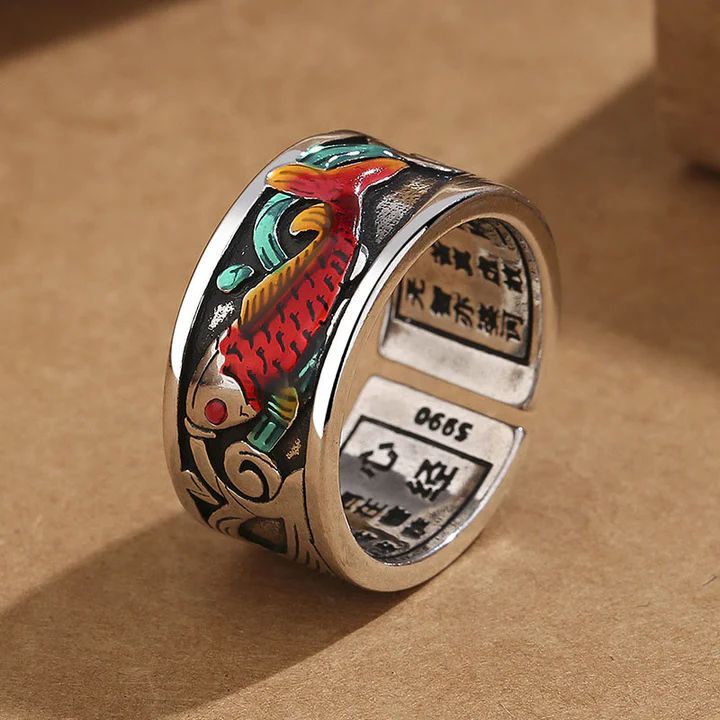 Blue Enamel Koi Fish Heart Sutra Success Ring