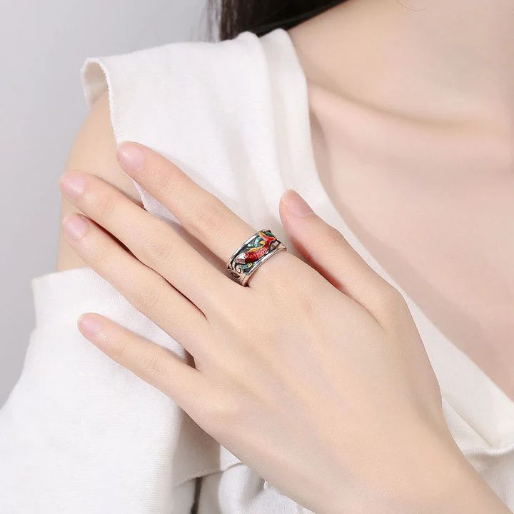 Blue Enamel Koi Fish Heart Sutra Success Ring