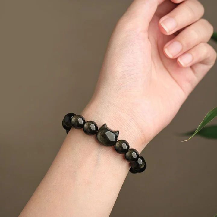 Gold Sheen Obsidian Paw Lucky Cat Protection Bracelet