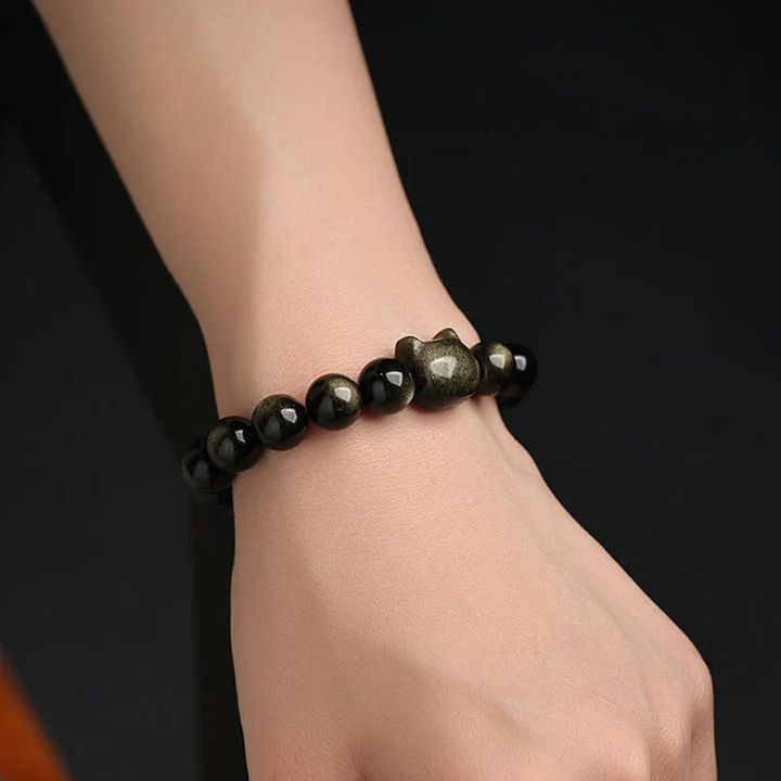 Gold Sheen Obsidian Paw Lucky Cat Protection Bracelet