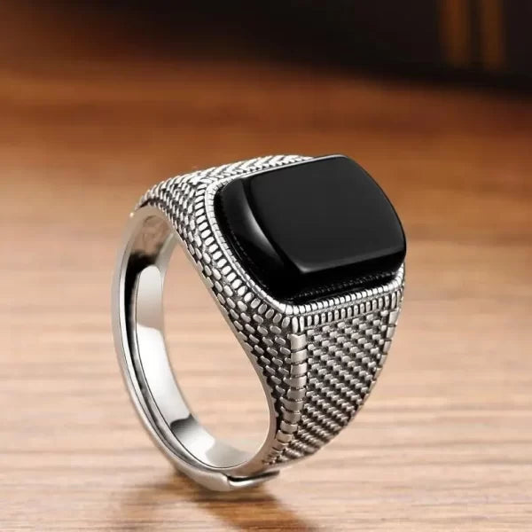 Black Stone Wealth & Protection Ring – Adjustable