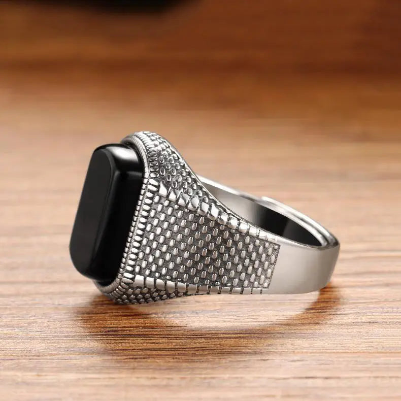 Turkish Black Stone Wealth & Protection Vintage Ring – Adjustable