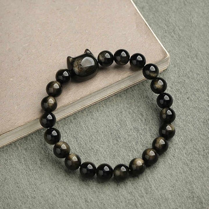 Gold Sheen Obsidian Paw Lucky Cat Protection Bracelet