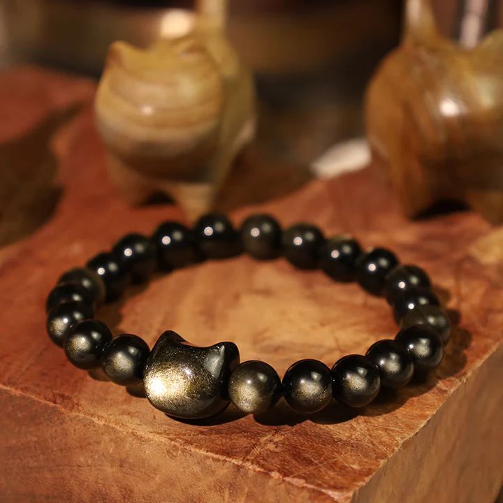 Gold Sheen Obsidian Paw Lucky Cat Protection Bracelet