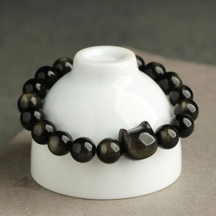 Gold Sheen Obsidian Paw Lucky Cat Protection Bracelet