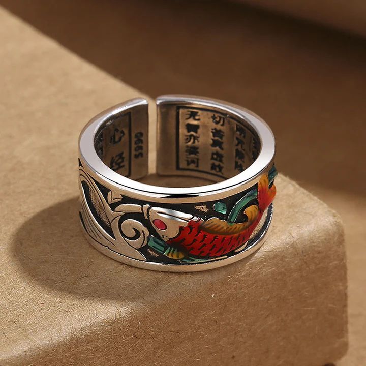 Blue Enamel Koi Fish Heart Sutra Success Ring