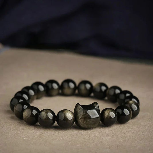 Gold Sheen Obsidian Paw Lucky Cat Protection Bracelet