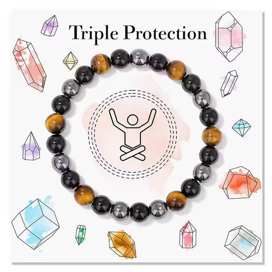 Hematite Black Obsidian Tiger Eye Stone Triple Protection Bracelet