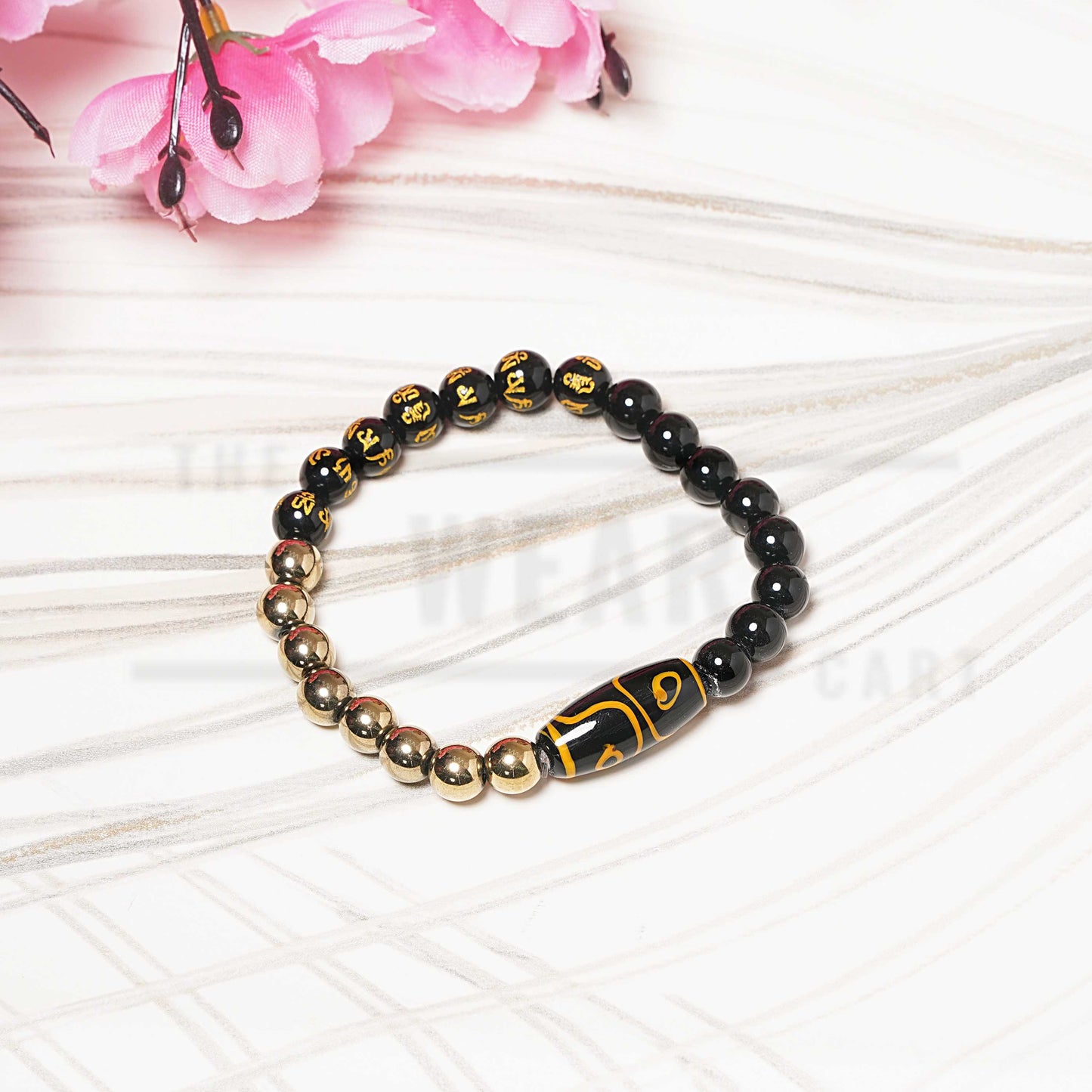 DZI Om mani Black Obsidian Pyrite Money Magnet Bracelet