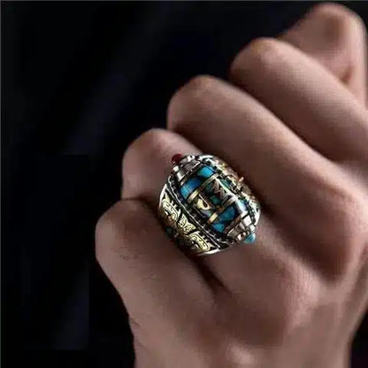 Geometric Engraving Tibetan Adjustable Rotating Ring