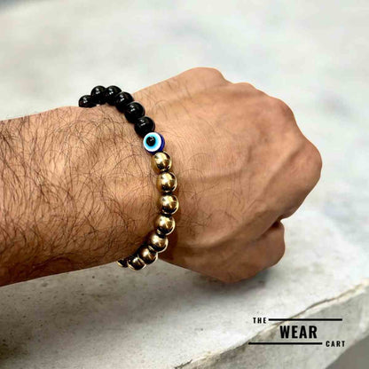 Money Shield Trio Bracelet - Pyrite + Obsidian Evil Eye