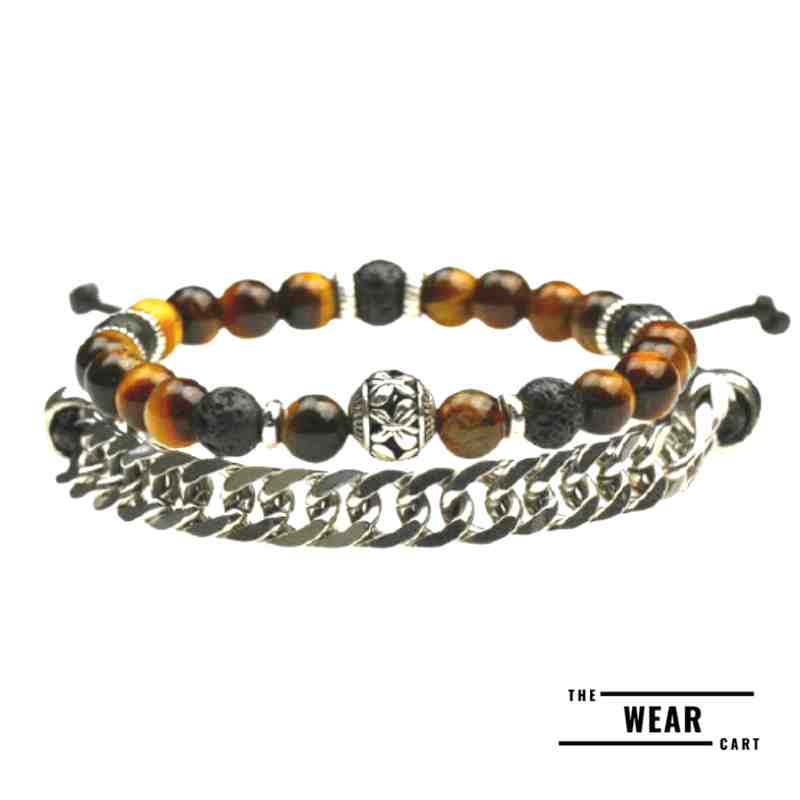 Natural Tiger Eye & Lava Stone Stainless Steel Pair Bracelet