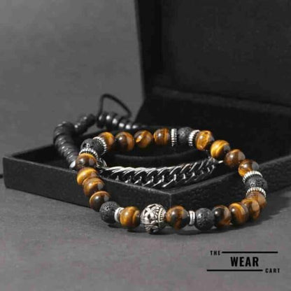 Natural Tiger Eye & Lava Stone Stainless Steel Pair Bracelet