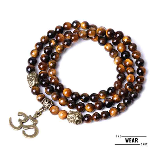 Natural Tiger Eye Stone Aum Triple Fold Two in One Bracelet & Mala