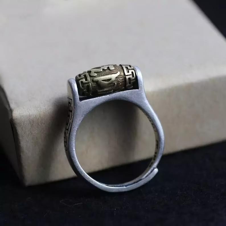 Buddhist six word mantra ring