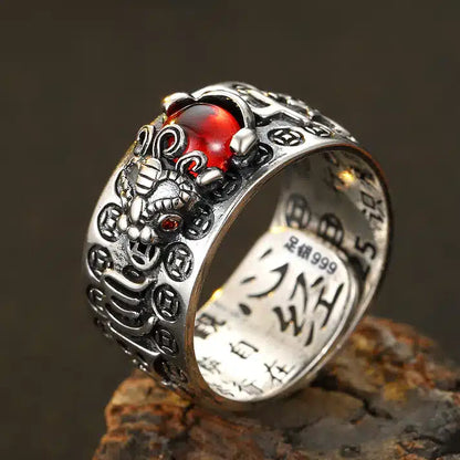 Feng Shui Pixiu Red Garnet Ring