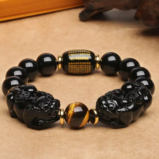 Natural Obsidian Double Pixiu Wealth Bracelet