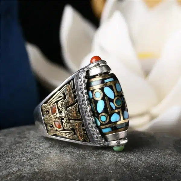 Geometric Engraving Tibetan Adjustable Rotating Ring