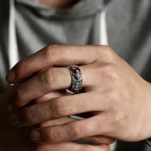 Feng Shui Pixiu Red Garnet Stone Ring
